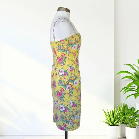 Vtg 90s Y2K RALPH Lauren Hawaiian Floral Strapless Dress Yellow Pinup Fit Med - Picture 3 of 10